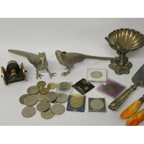 87 - Silver plated pheasant ornaments, commemorative crowns, cutlery, crumb scoop, salad servers