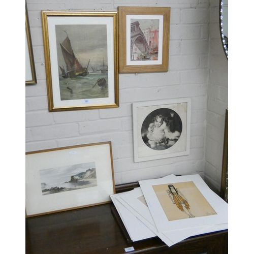 191 - Six assorted framed prints and unframed watercolour drawings