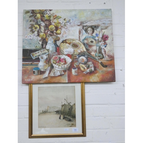 195 - An unframed still life oil painting signed G Roffoles and a watercolour of a boating scene signed Hu... 