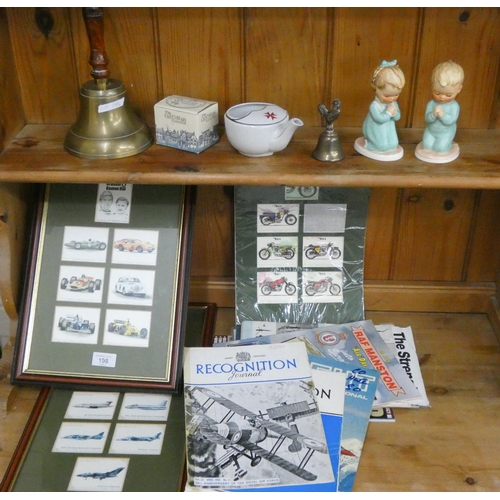 198 - Aircraft magazines, framed cigarette cards, hand bell and ornaments