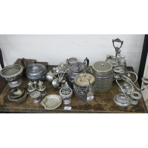 200 - Candelabra, other assorted plated items, biscuits barrels, cutlery etc