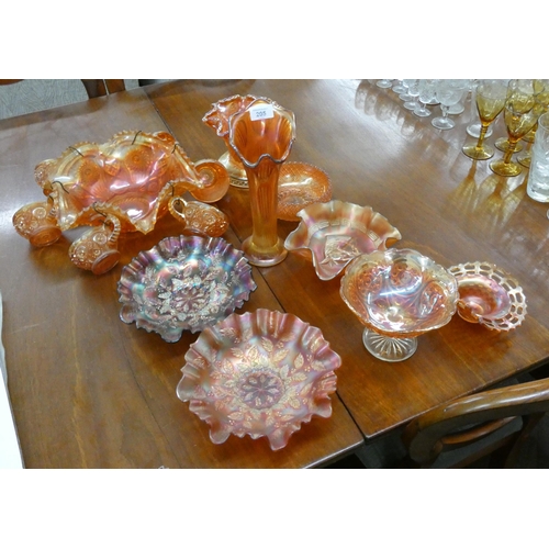 205 - Orange carnival glass punch set, various bowls, vases etc