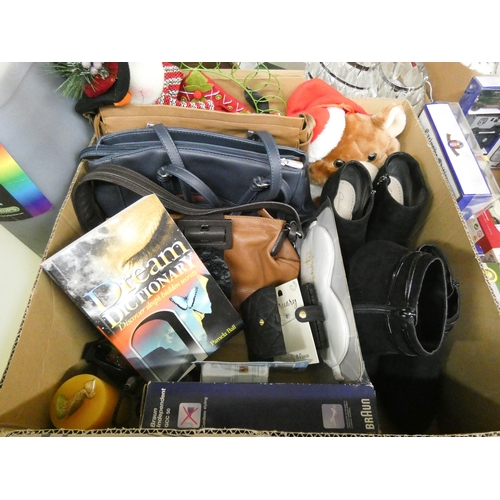 318 - Large box containing three handbags, two pairs of size 5 ankle boots - good condition, three Wade Wh... 