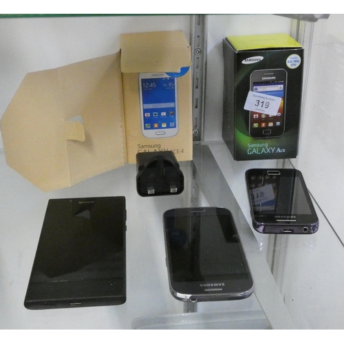 319 - A Sony Expeira mobile phone, Galaxy Ace mobile phone and a another Galaxy Ace 4 mobile phone all wor... 