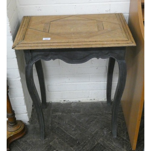 209 - A stripped light oak occasional table with parquetry style top on painted cabriole legs