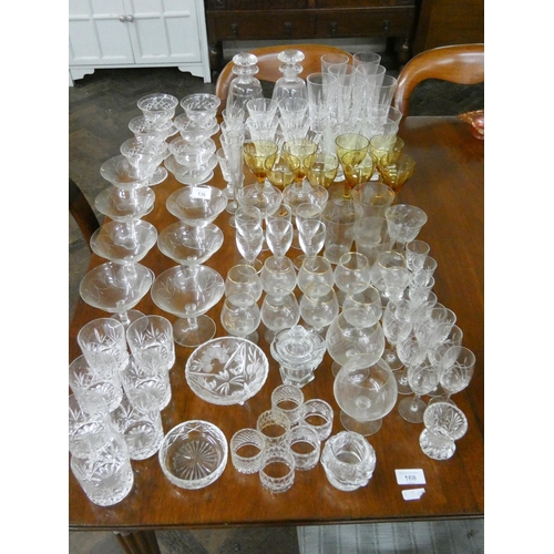 136 - Assorted wine glasses, custard glasses, two decanters, whiskey tumblers and other glassware