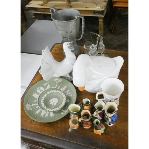 211 - Miniature Toby jugs, two pieces of green jasper ware, duck basket, trophy cup etc