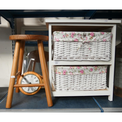 356 - A white framed mirror, pine stool, pine wall clock and two tier white storage box