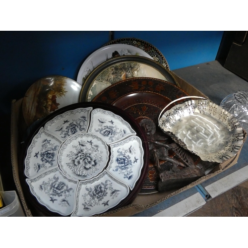 360 - Two large boxes of wooden ornaments, plates, vases, Boomerang, model bus etc