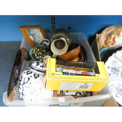 360 - Two large boxes of wooden ornaments, plates, vases, Boomerang, model bus etc