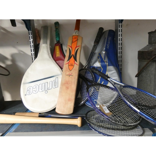 363 - Seven assorted tennis rackets, a cricket bat and two Badminton rackets, rounder's bat etc