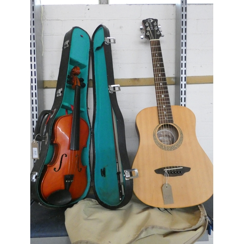 378 - A Luna small guitar and a violin with bow in case