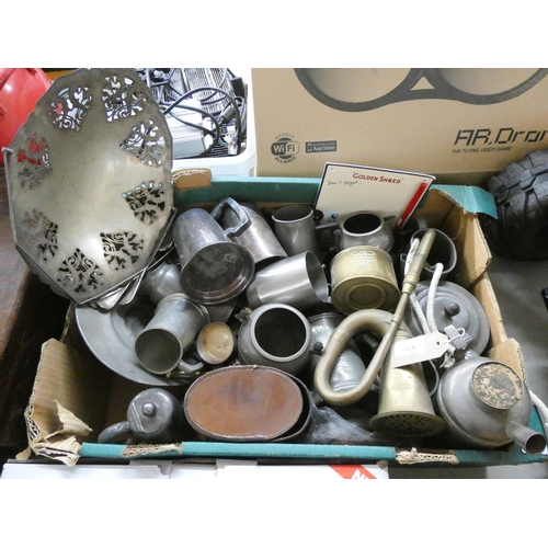 384 - A large box of silver plated items, brass etc