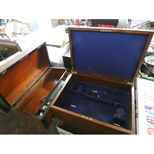 385 - A brass bound writing slope with no interior, cutlery box (no cutlery) and one other wooden box