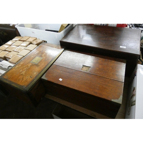 385 - A brass bound writing slope with no interior, cutlery box (no cutlery) and one other wooden box