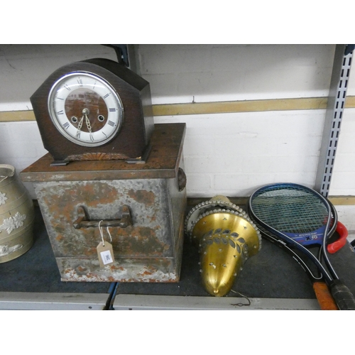 396 - An old metal trunk, 1960 clock, a pair of hall lights and two tennis rackets