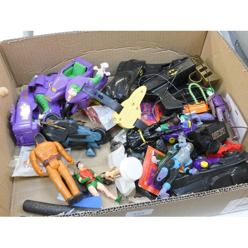 398 - Two large boxes of played with model toys including Stingray, Batman cars, many more