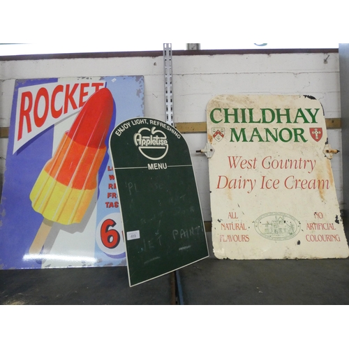 403 - A large painted metal advertising sign for 'Rocket Lollies', a small 'Menu' sign and a 'West Country... 