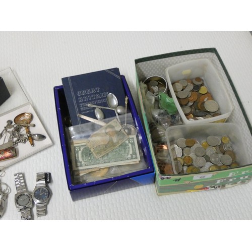 86 - Collectables to include English and foreign coinage and bank notes, costume jewellery, wristwatches,... 