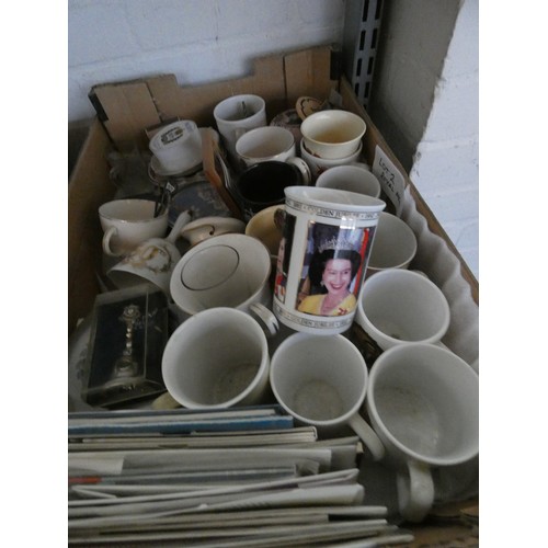 260 - Two boxes of commemorative china mugs and other commemorative ware, collectors plates, miniature Sta... 