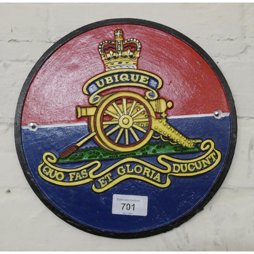 686 - A wall hanging cast iron Royal Artillery sign