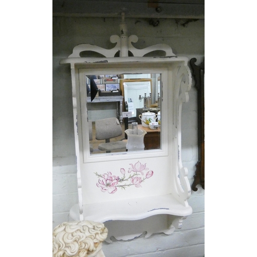 6 - A decorative white and floral painted bathroom mirror with shelf