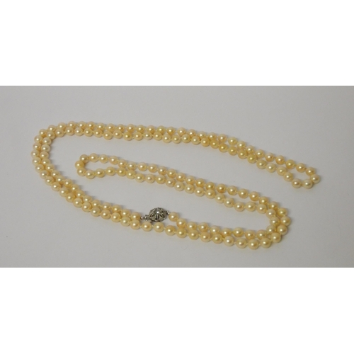 432 - A long row of cultured pearls to a German 830 standard clasp