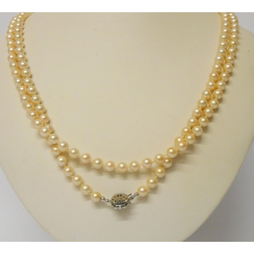 432 - A long row of cultured pearls to a German 830 standard clasp
