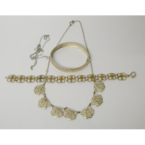 434 - German silver filigree necklace, silver gilt bracelet, chain and a bangle