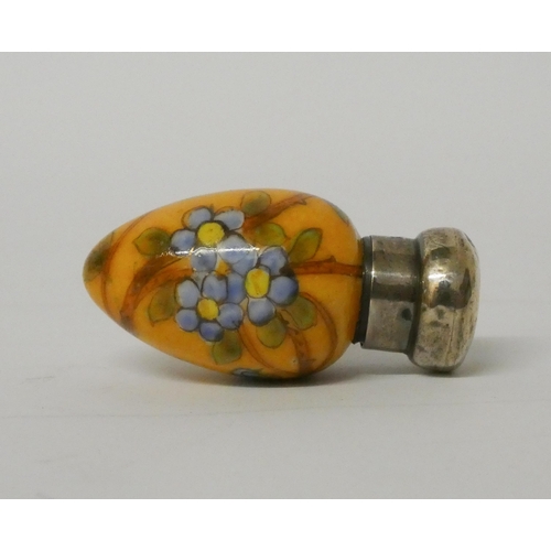 468 - Victorian egg-shaped scent bottle, painted  with forget me nots on an amber ground with silver cap, ... 