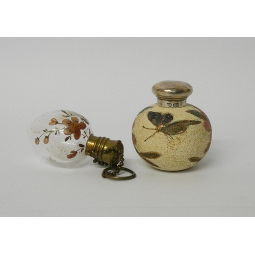 469 - Victorian egg-shaped glass scent bottle, painted with cherry blossom and a stoneware silver topped s... 