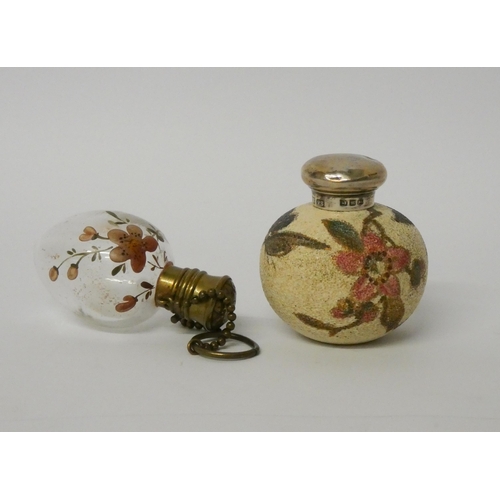 469 - Victorian egg-shaped glass scent bottle, painted with cherry blossom and a stoneware silver topped s... 