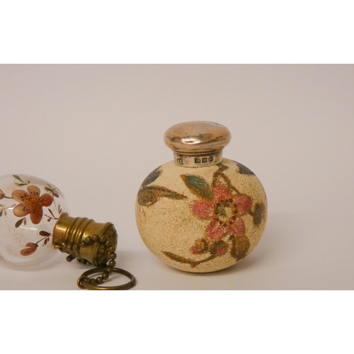 469 - Victorian egg-shaped glass scent bottle, painted with cherry blossom and a stoneware silver topped s... 