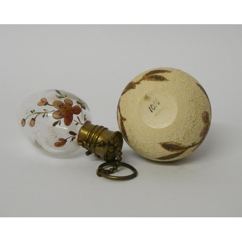 469 - Victorian egg-shaped glass scent bottle, painted with cherry blossom and a stoneware silver topped s... 