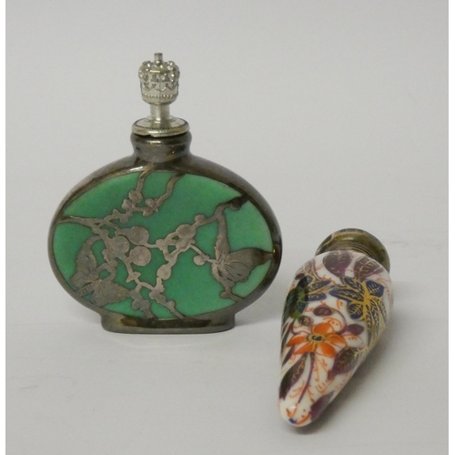 472 - A silver overlaid scent bottle and a japan pattern porcelain scent bottle with silver top, Birmingha... 