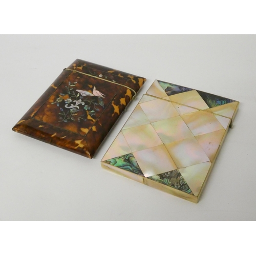 481 - A Victorian tortoiseshell and mother of pearl inlaid card case, together with a chevron pattern moth... 