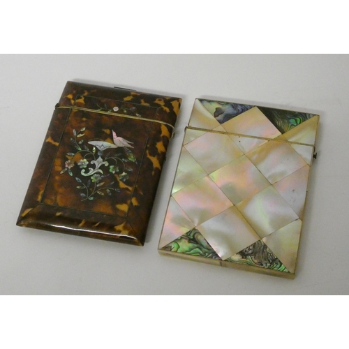 481 - A Victorian tortoiseshell and mother of pearl inlaid card case, together with a chevron pattern moth... 