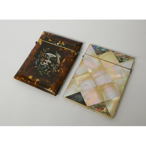 481 - A Victorian tortoiseshell and mother of pearl inlaid card case, together with a chevron pattern moth... 