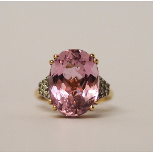 509 - A large modern Kunzite and diamond dress ring, on 18ct gold band. With certificate stating pink Kunz... 