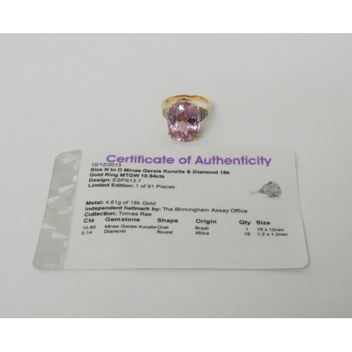 509 - A large modern Kunzite and diamond dress ring, on 18ct gold band. With certificate stating pink Kunz... 