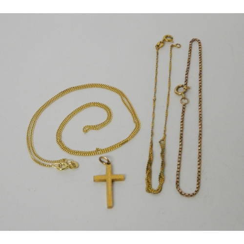 402 - 9ct yellow gold - cross pendant, chains and bracelet. Gross weight 6.1g