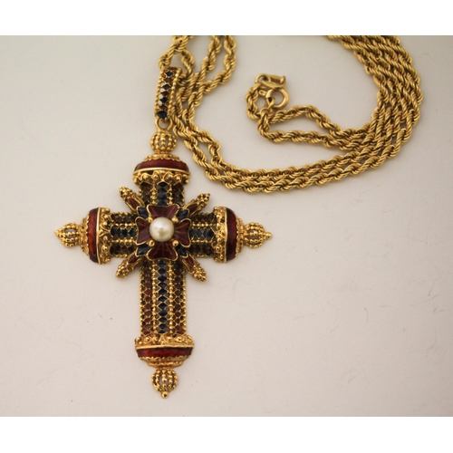 408 - Enamel Renaissance Revival cross pendant, the centre with a cultured pearl and red and blue enamel d... 