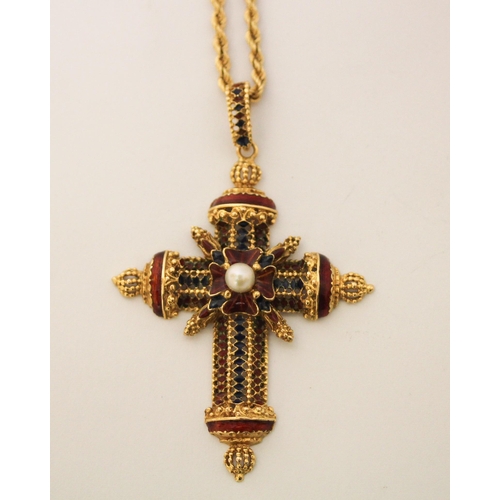408 - Enamel Renaissance Revival cross pendant, the centre with a cultured pearl and red and blue enamel d... 
