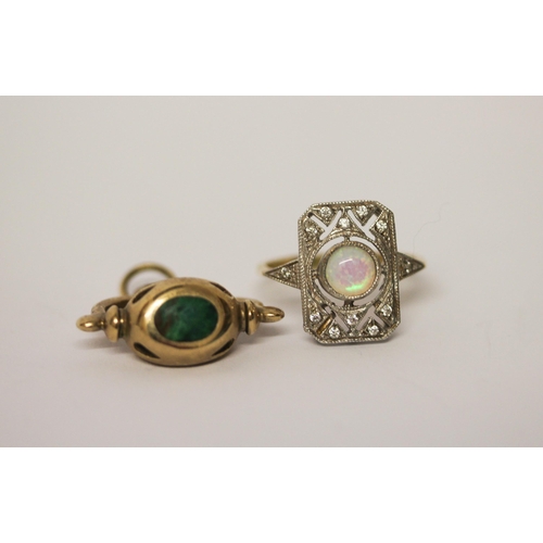 437 - A 9ct gold swivel fob set with banded agate and hardstones together with a silver gilt Art Deco styl... 