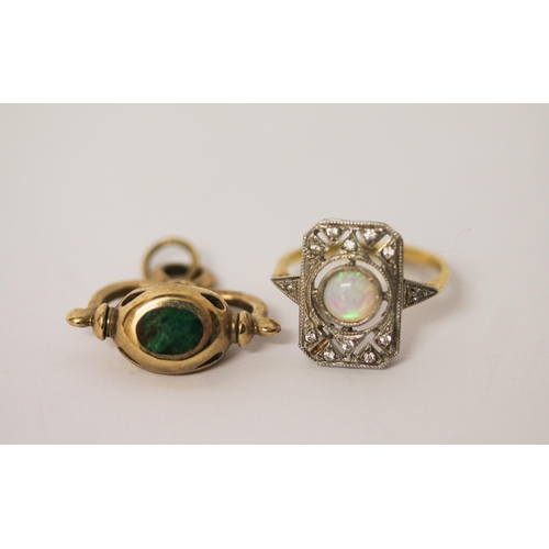 437 - A 9ct gold swivel fob set with banded agate and hardstones together with a silver gilt Art Deco styl... 