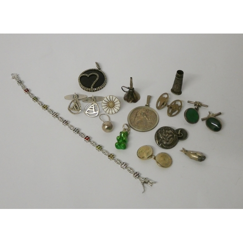 455 - A marcasite and onyx circular pendant, cufflinks, stone set bracelet and other oddments of silver