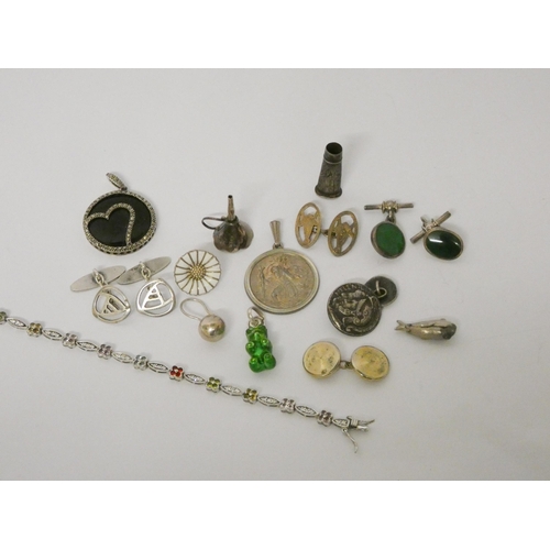 455 - A marcasite and onyx circular pendant, cufflinks, stone set bracelet and other oddments of silver