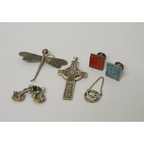 457 - Silver Celtic cross, Viking design earrings and pendant, dragonfly pendant and pair of checkerboard ... 