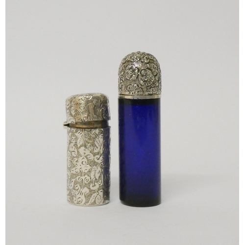 477 - A  Sampson Mordan silver scent bottle with glass stopper , London 1898, and a blue glass scent flask... 