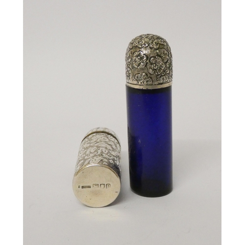 477 - A  Sampson Mordan silver scent bottle with glass stopper , London 1898, and a blue glass scent flask... 